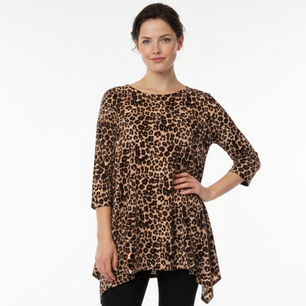 Chico's Animal Leopard Print Asymmetrical Tunic Large Stretch Knit Relaxed Fit